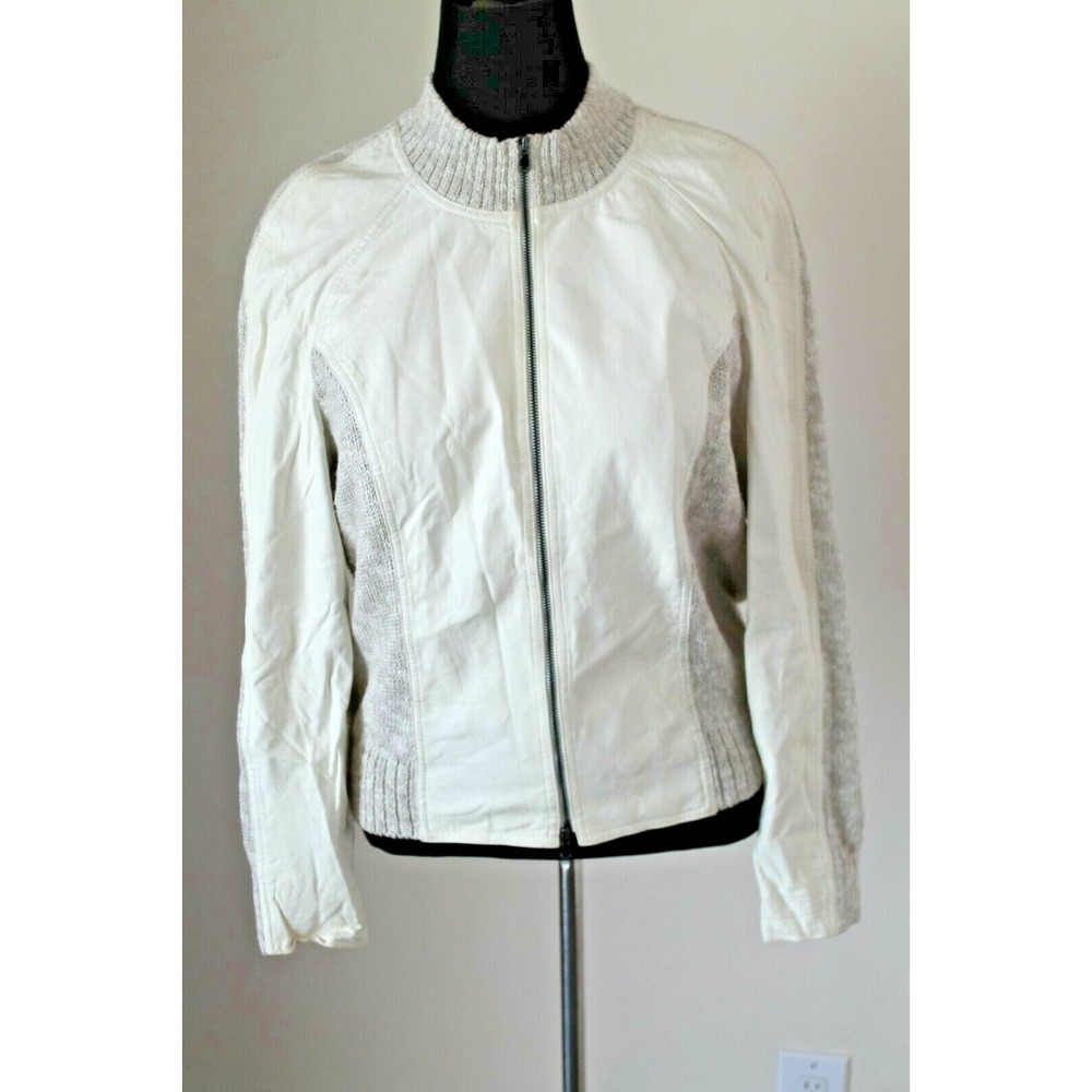 St John Yellow Label Spring 2012 Leather Contrast Ivory Jacket/Sweater L YJ01